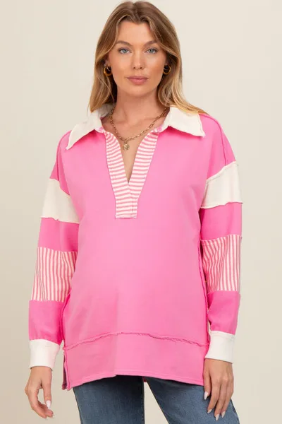 PinkBlush Pink Colorblock Stripe Maternity Polo Pullover Top