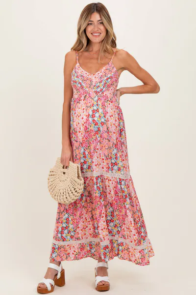 PinkBlush Pink Smocked Bust V Neck Lace Trim Maternity Maxi Dress