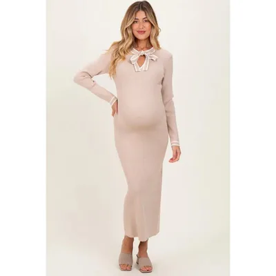 Target Pinkblush Cream Tie Neck Maternity Sweater Midi Dress Medium