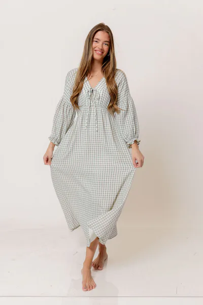 Worth Collective Hunter 100% Cotton Midi Dress in Light Indigo Plaid (Lined) - Bump Friendly