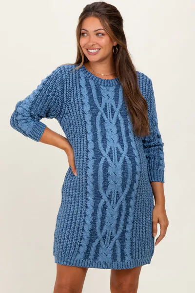 PinkBlush Blue Two Tone Cable Knit Maternity Mini Sweater Dress