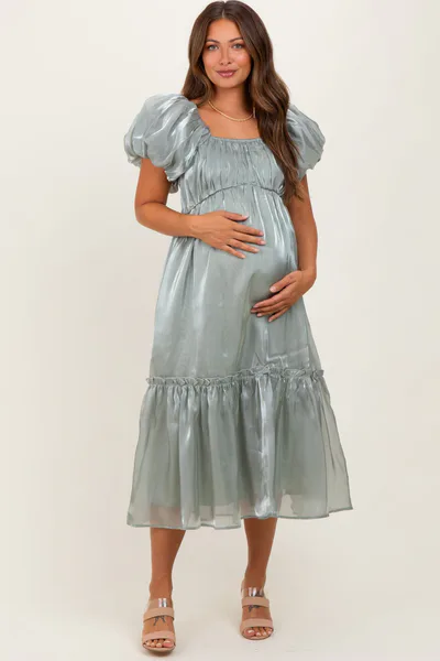 PinkBlush Light Olive Organza Puff Sleeve Maternity Midi Dress