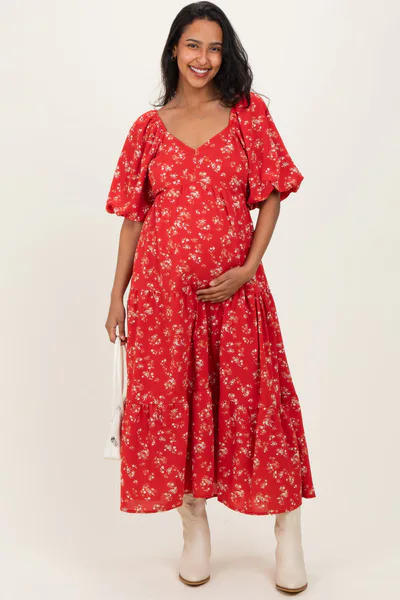 PinkBlush Red Floral Tiered Puff Sleeve Maternity Midi Dress