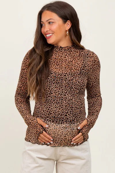 PinkBlush Mocha Animal Print Mesh Ruffle Neck Maternity Top