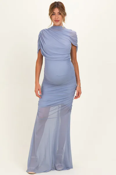 PinkBlush Blue Draped Bodice Ruched Mesh Maternity Maxi Dress