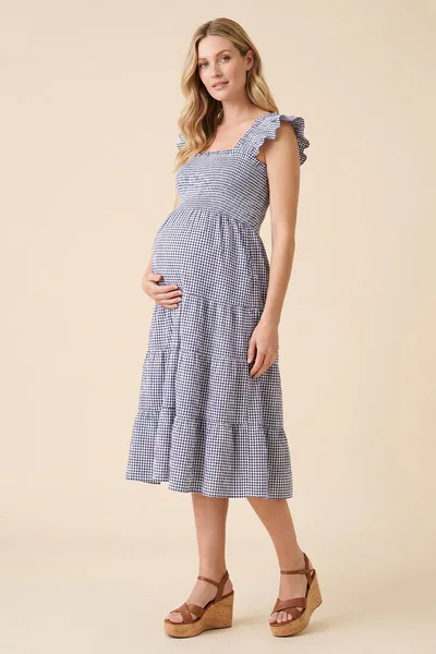 Summer Mae Summer Mae Gingham Maternity Midi Dress | Shirred Bodice Ruffle Strap Bump Friendly Picnic Dress
