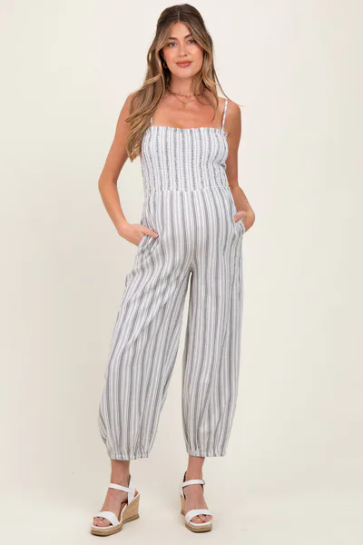 PinkBlush Cream Smocked Striped Balloon Maternity Jumpsuit