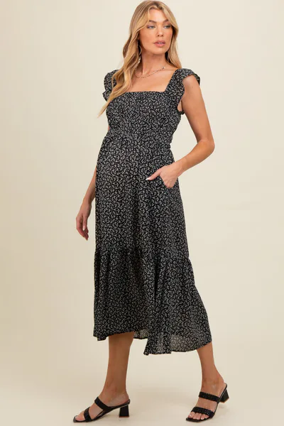 PinkBlush Black Ruffle Strap Smocked Maternity Mid Dress