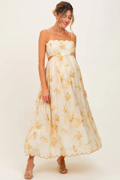 PinkBlush Yellow Faded Floral Scallop Edge Cutout Maternity Midi Dress