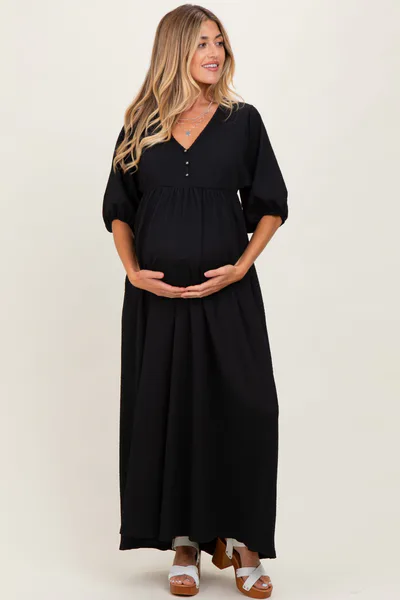 PinkBlush Black Solid Woven 3/4 Sleeve V-Neck Button Down Maternity Maxi Dress