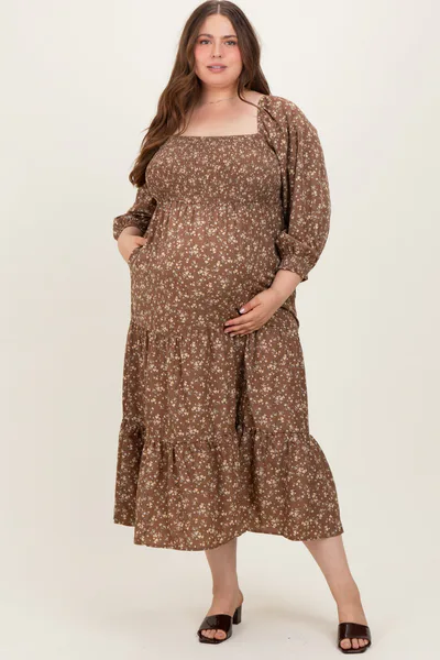 PinkBlush Mocha Floral Smocked Long Sleeve Maternity Plus Maxi Dress