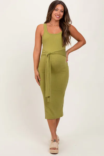 PinkBlush Lime Ribbed Front Tie Sleeveless Maternity Midi Dress