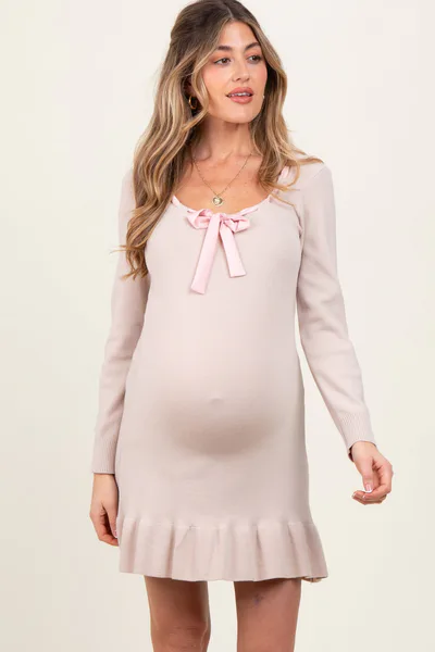 PinkBlush Beige Knit Ribbon Detail Neckline Maternity Mini Dress