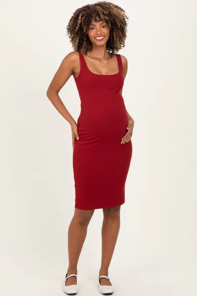 PinkBlush Merlot Ribbed Square Neck Maternity Tank Dress