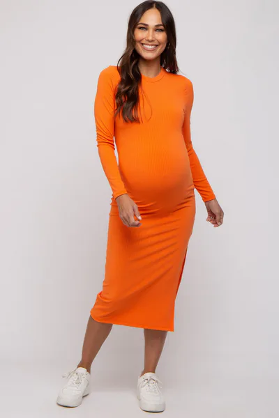 PinkBlush Orange Ribbed Mock Neck Long Sleeve Maternity Midi Dress
