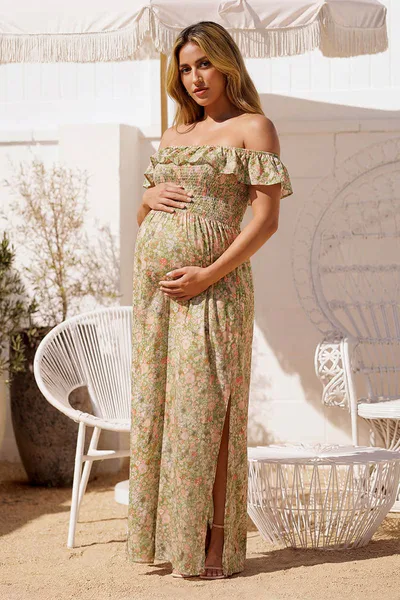 Summer Mae Romantic Ruffled Off Shoulder Pregnancy Dress with Slit | Bump Friendly Maxi