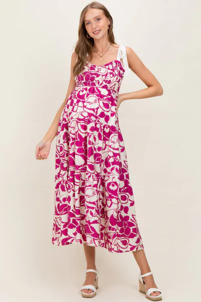 PinkBlush Fuchsia Bloom Floral Print Smocked Maternity Maxi Dress