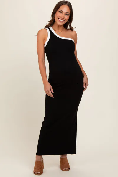 PinkBlush Black Contrast One Shoulder Maternity Maxi Dress