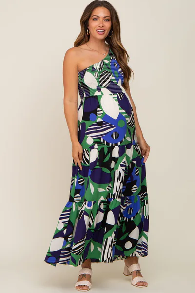 PinkBlush Green Printed One Shoulder Tiered Maternity Maxi Dress