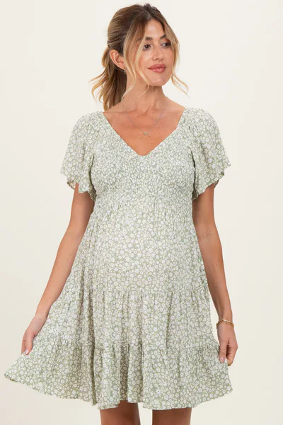 PinkBlush Sage V Neck Smocked Bodice Ditsy Print Maternity Dress