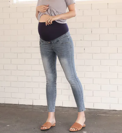 Angel Maternity Over the Bump Skinny Maternity Denim Jeans Washed Blue
