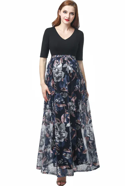 Kimi + Kai Kimi + Kai Maternity "Annabelle" V-Neck Mesh Print Maxi Dress