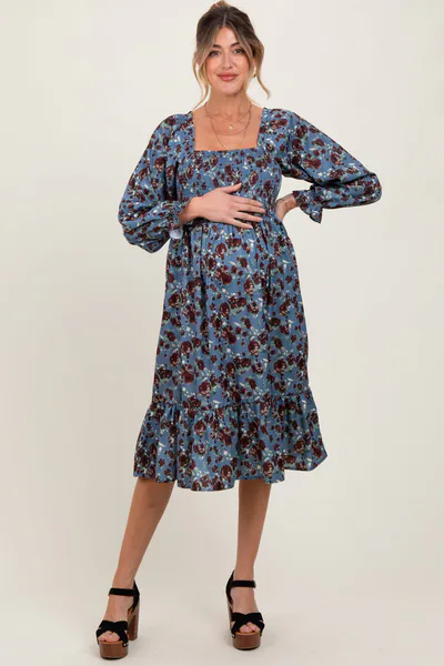 PinkBlush Blue Rose Smocked Velvet Bow Tie Maternity Midi Dress