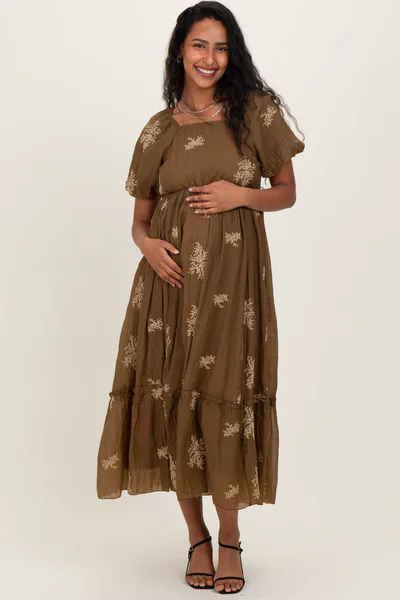 PinkBlush Mocha Floral Embroidered Puff Sleeve Maternity Midi Dress