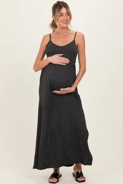 PinkBlush Charcoal Striped Sleeveless Maternity Maxi Dress