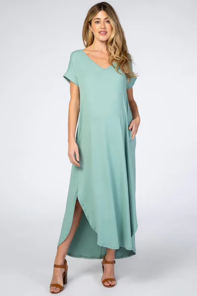 PinkBlush Light Olive Side Slit Maternity Maxi Dress