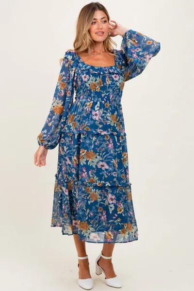 PinkBlush Navy Floral Chiffon Smocked Ruffle Tiered Maternity Midi Dress