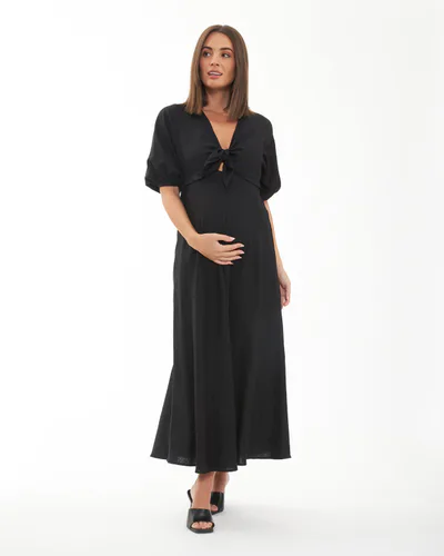 Ripe Maternity Camille Tie Front Linen Dress Black