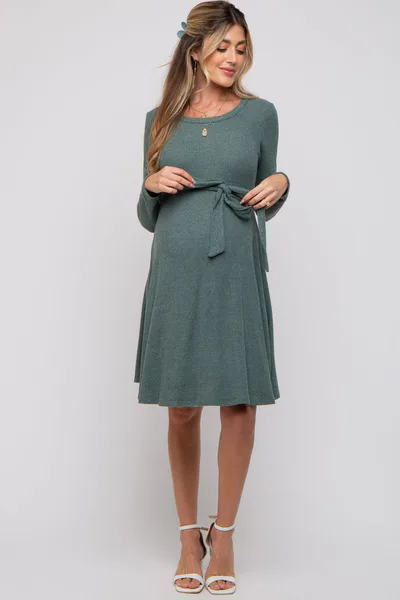 PinkBlush Green Soft Rib Knit Sash Tie Maternity Dress