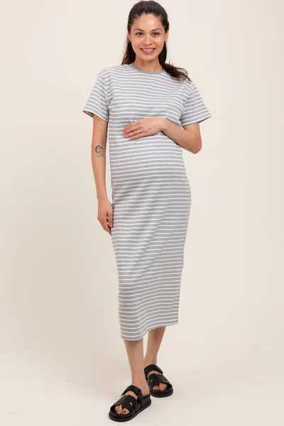 PinkBlush Heather Grey Striped Short Sleeve Maternity T-Shirt Midi Dress