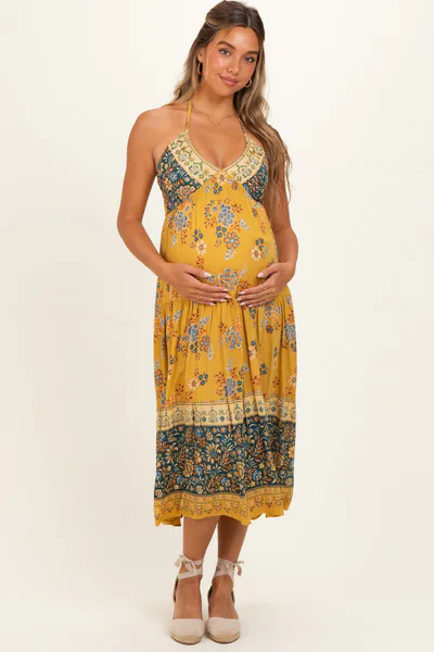 PinkBlush Yellow Mixed Print Halter Maternity Maxi Dress