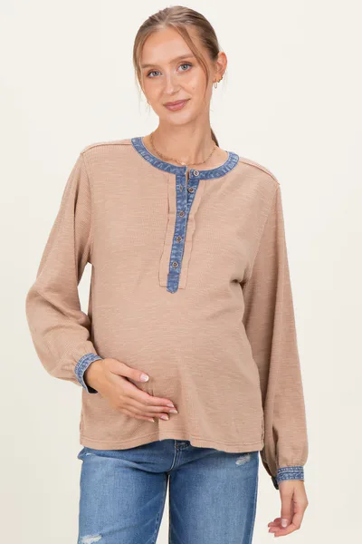 PinkBlush Mocha Rib Knit Casual Maternity Henley Top
