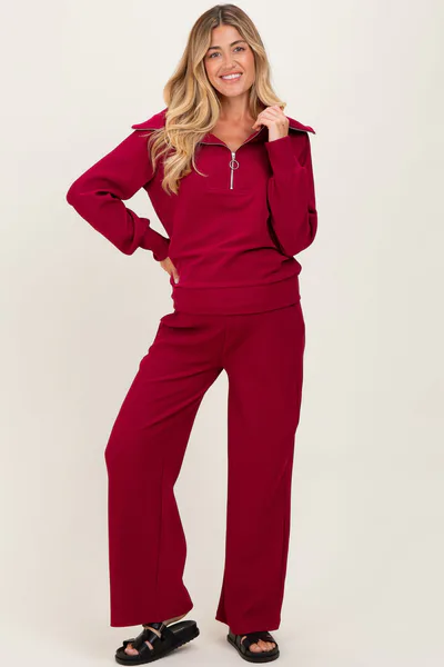 PinkBlush Burgundy RIbbed Half Zip Pullover Wide Leg Pant Maternity Set