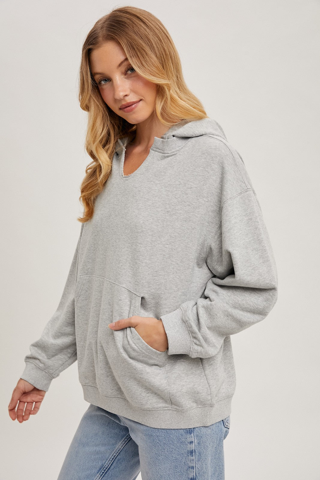 Bluivy Heather Grey Split Neckline Hoodie