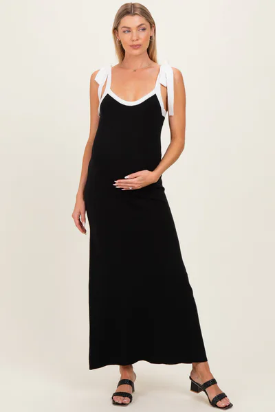 PinkBlush Black Knit Contrast Shoulder Tie Maternity Dress