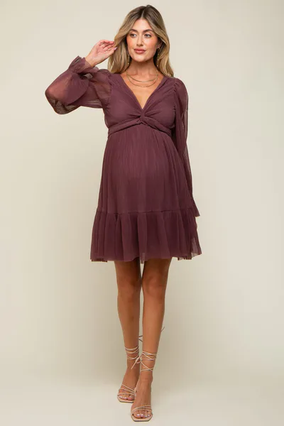 PinkBlush Purple Pleated Knotted Long Sleeve Maternity Dress