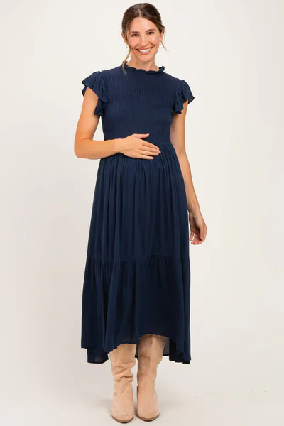 PinkBlush Midnight Mock Neck Flutter Sleeve Smocked Maternity Maxi Dress