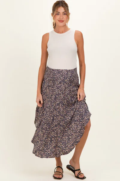 PinkBlush Purple Floral Smocked Waistband Round Hem Maternity Skirt