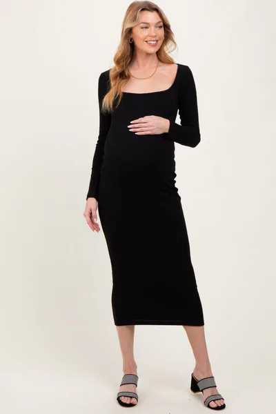 PinkBlush Black Square Neck Rib Long Sleeve Maternity Maxi Dress