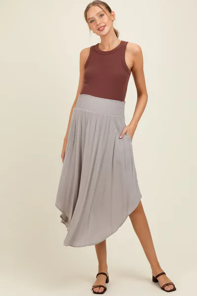PinkBlush Light Grey Smocked Waist Rounded Hem Maternity Midi Skirt