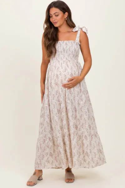 PinkBlush Ivory Floral Shoulder Tie Maternity Maxi Dress