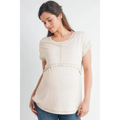 Target Hello Miz Women's Layered Maternity T-Shirt Relaxed Fit Short Sleeve Nursing-Friendly - Oatmeal - Medium