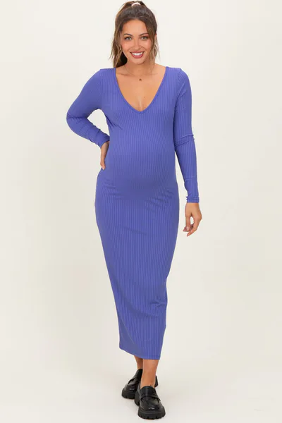 PinkBlush Iris Blue V-Neck Long Sleeve Fitted Maternity Maxi Dress