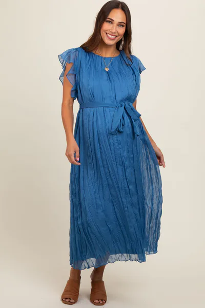 PinkBlush Blue Short Sleeve Crinkle Self Tie Maternity Dress