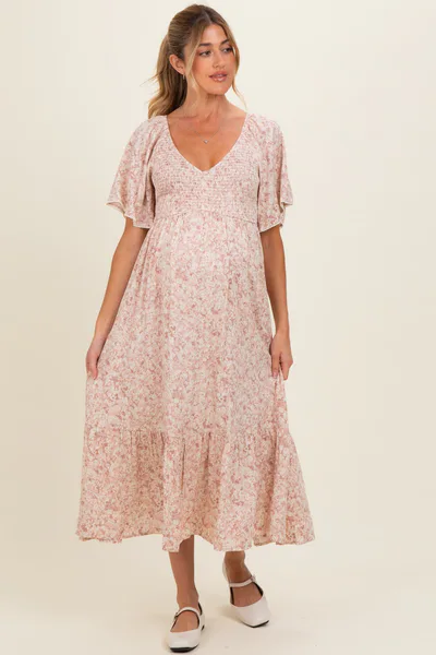 PinkBlush Mauve Flutter Sleeve Floral Print Smocked Chest Ruffled Hem Maternity Dress