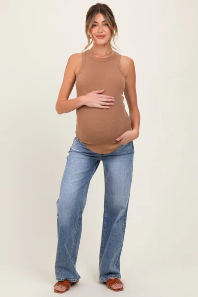 PinkBlush Blue Distressed Vintage Wash Wide Leg Maternity Jeans